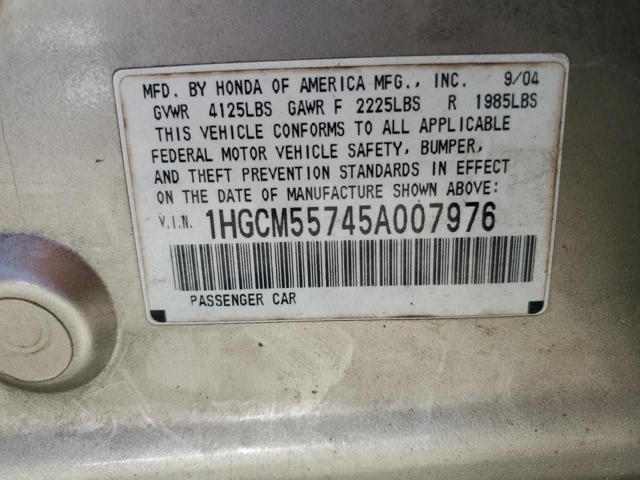 1HGCM55745A007976 2005 Honda Accord Ex