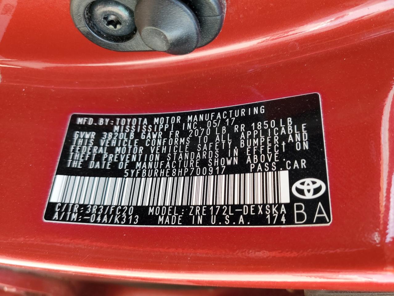 5YFBURHE8HP700917 2017 Toyota Corolla L