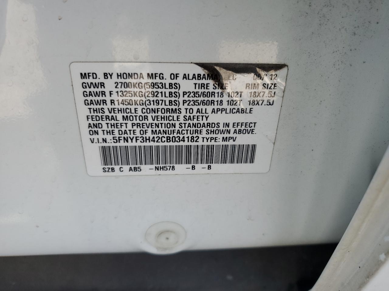 5FNYF3H42CB034182 2012 Honda Pilot Ex