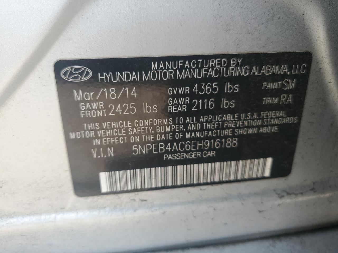 5NPEB4AC6EH916188 2014 Hyundai Sonata Gls