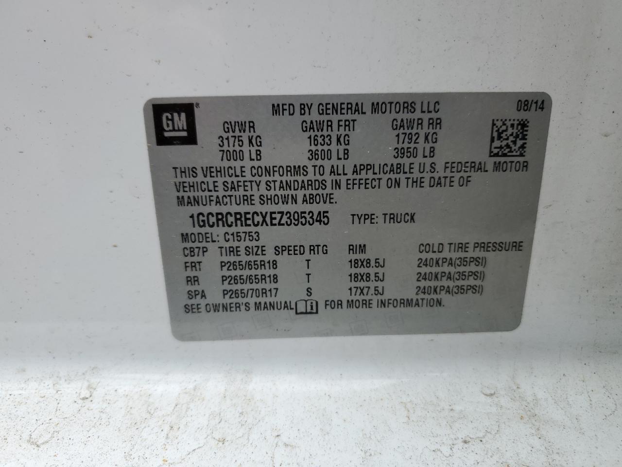 1GCRCRECXEZ395345 2014 Chevrolet Silverado C1500 Lt