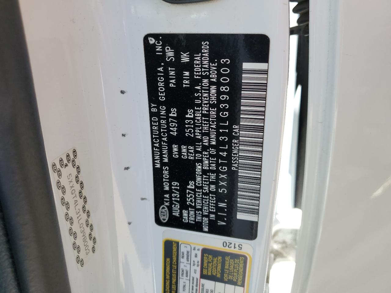 5XXGT4L31LG398003 2020 Kia Optima Lx