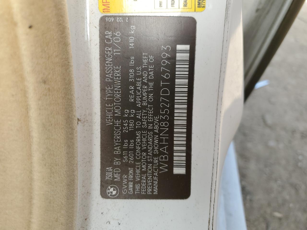 WBAHN83527DT67993 2007 BMW 750