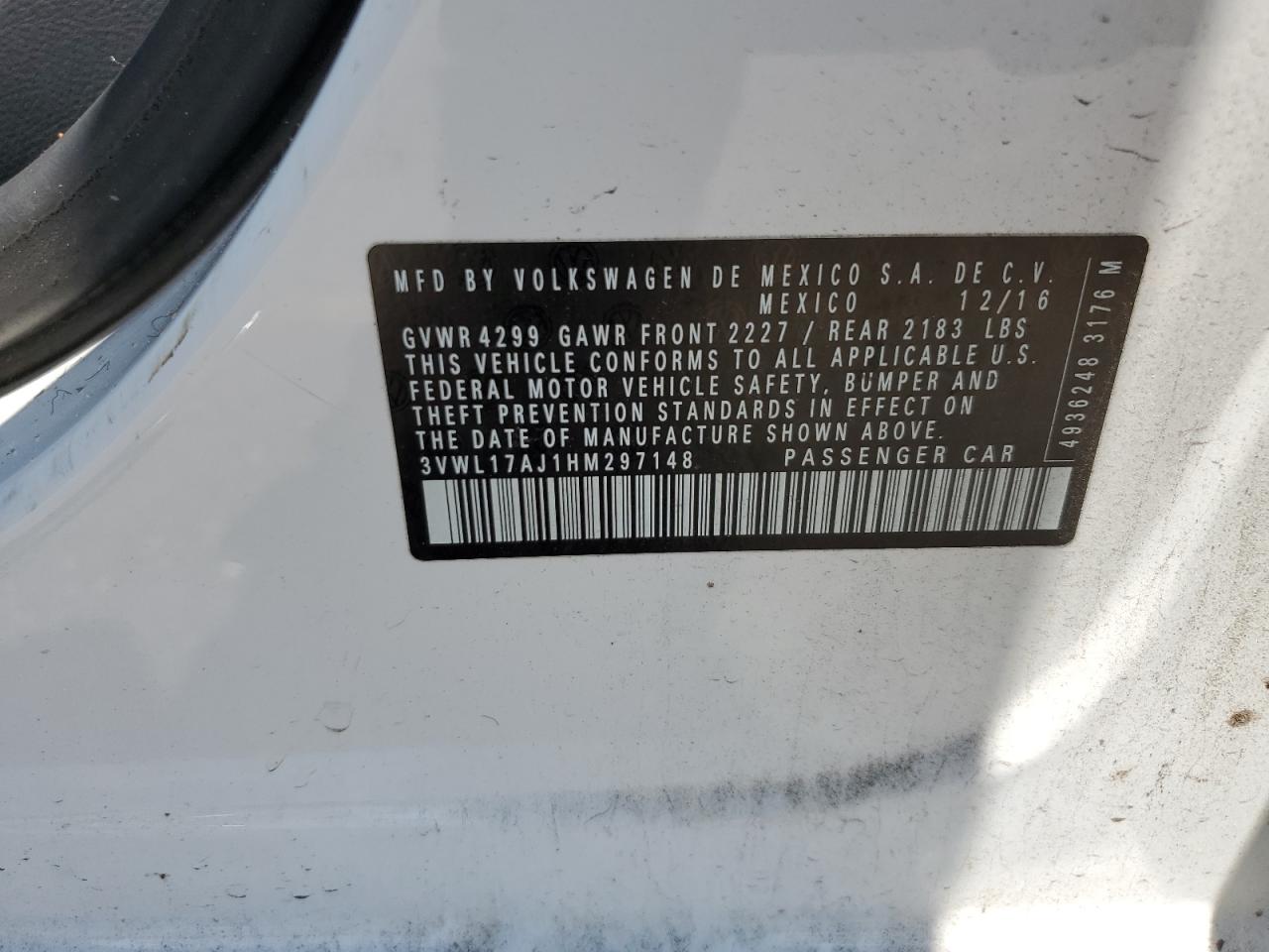 3VWL17AJ1HM297148 2017 Volkswagen Jetta Sel