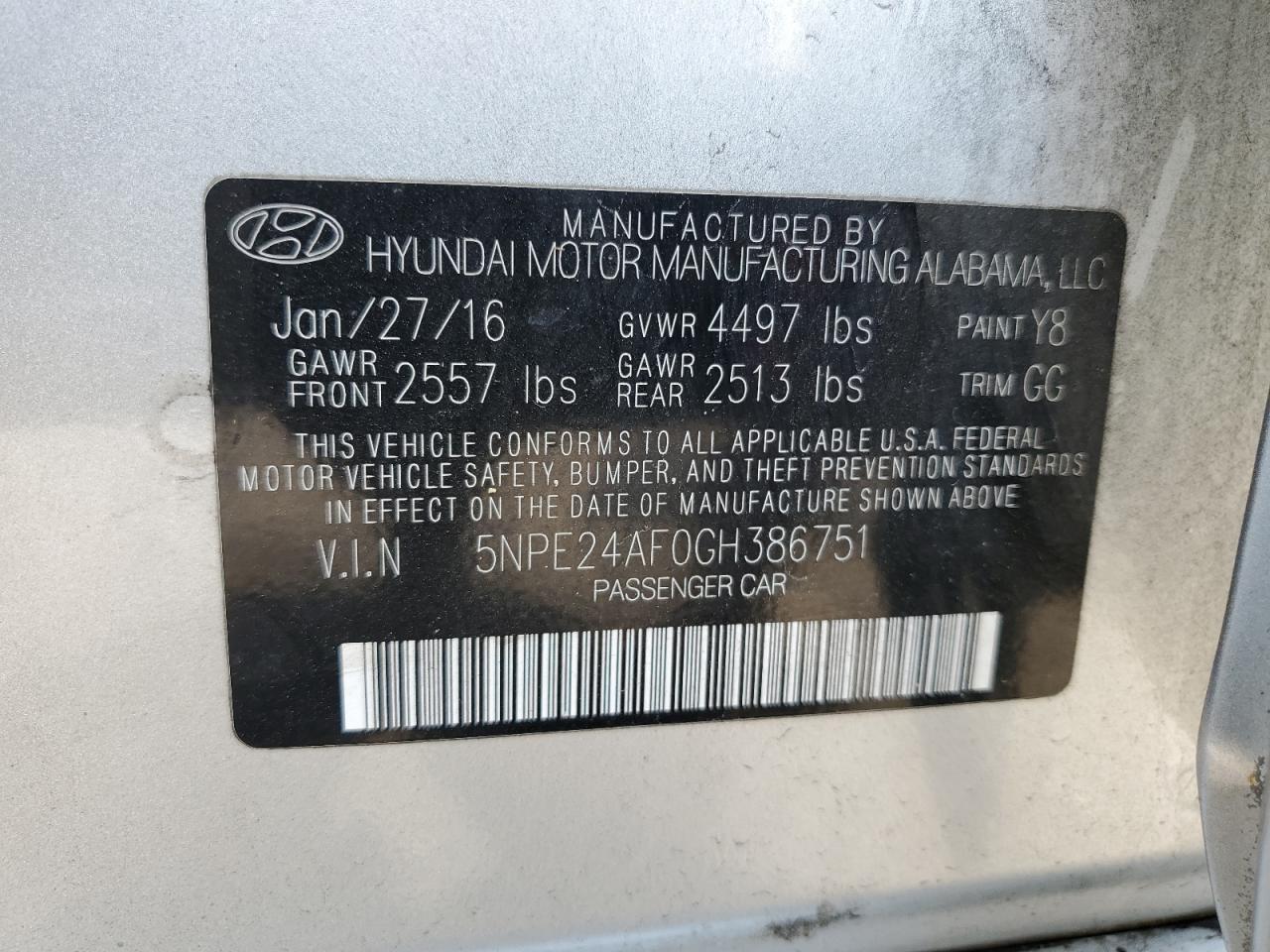 5NPE24AF0GH386751 2016 Hyundai Sonata Se