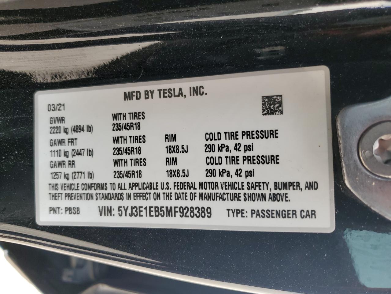 5YJ3E1EB5MF928389 2021 Tesla Model 3