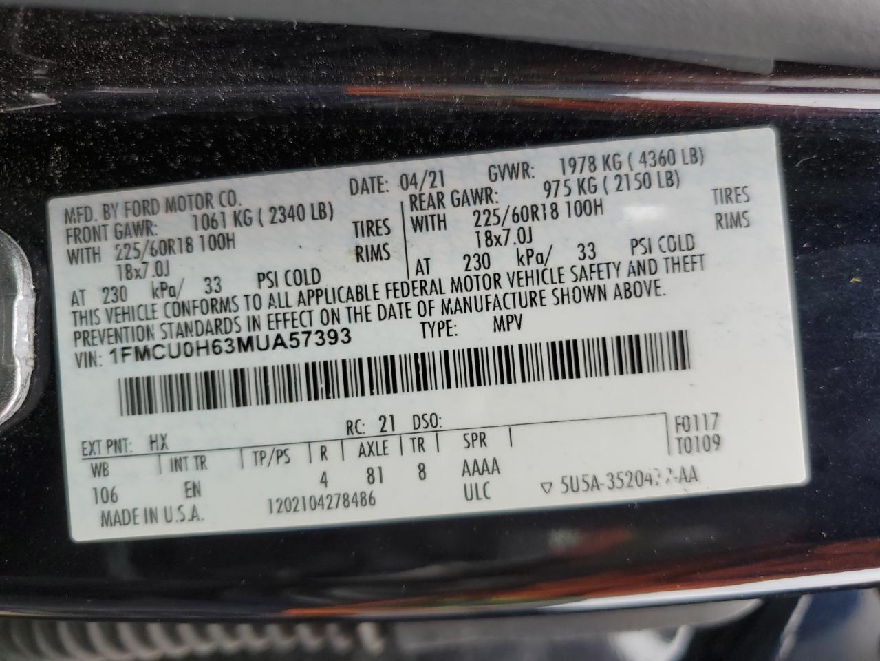 1FMCU0H63MUA57393 2021 Ford Escape Sel