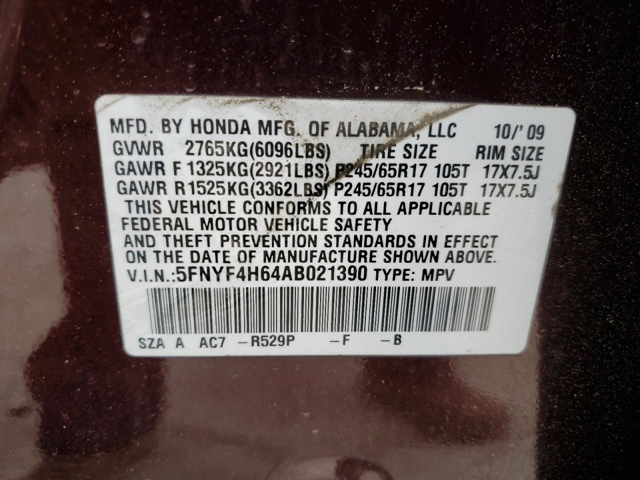 5FNYF4H64AB021390 2010 Honda Pilot Exl