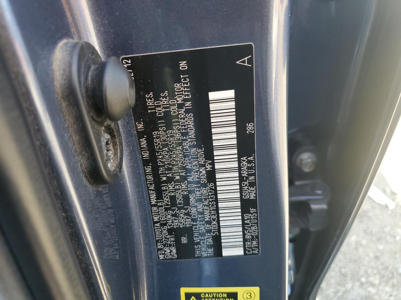 5TDDK3EH1CS131726 2012 Toyota Highlander Limited