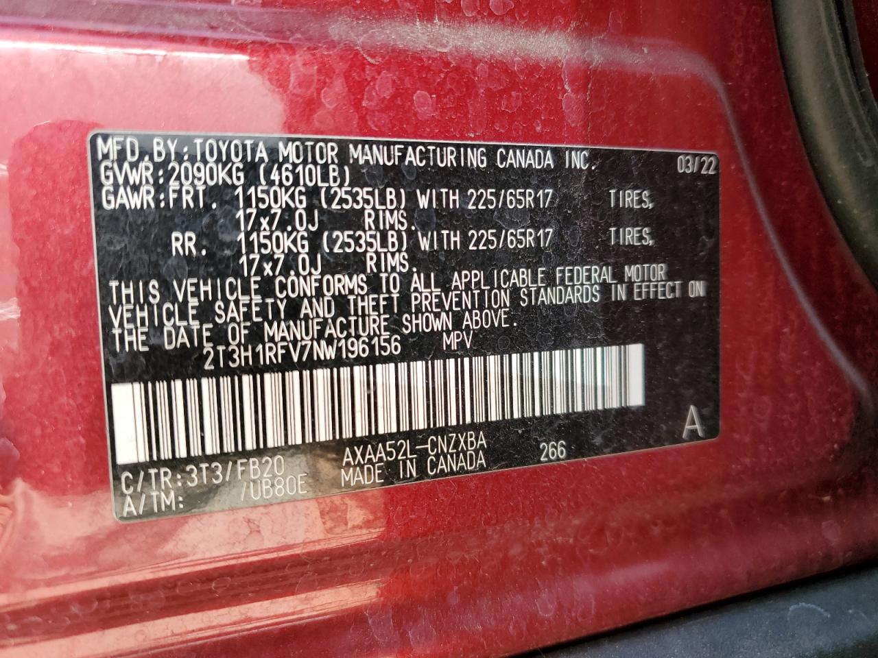 2T3H1RFV7NW196156 2022 Toyota Rav4 Le