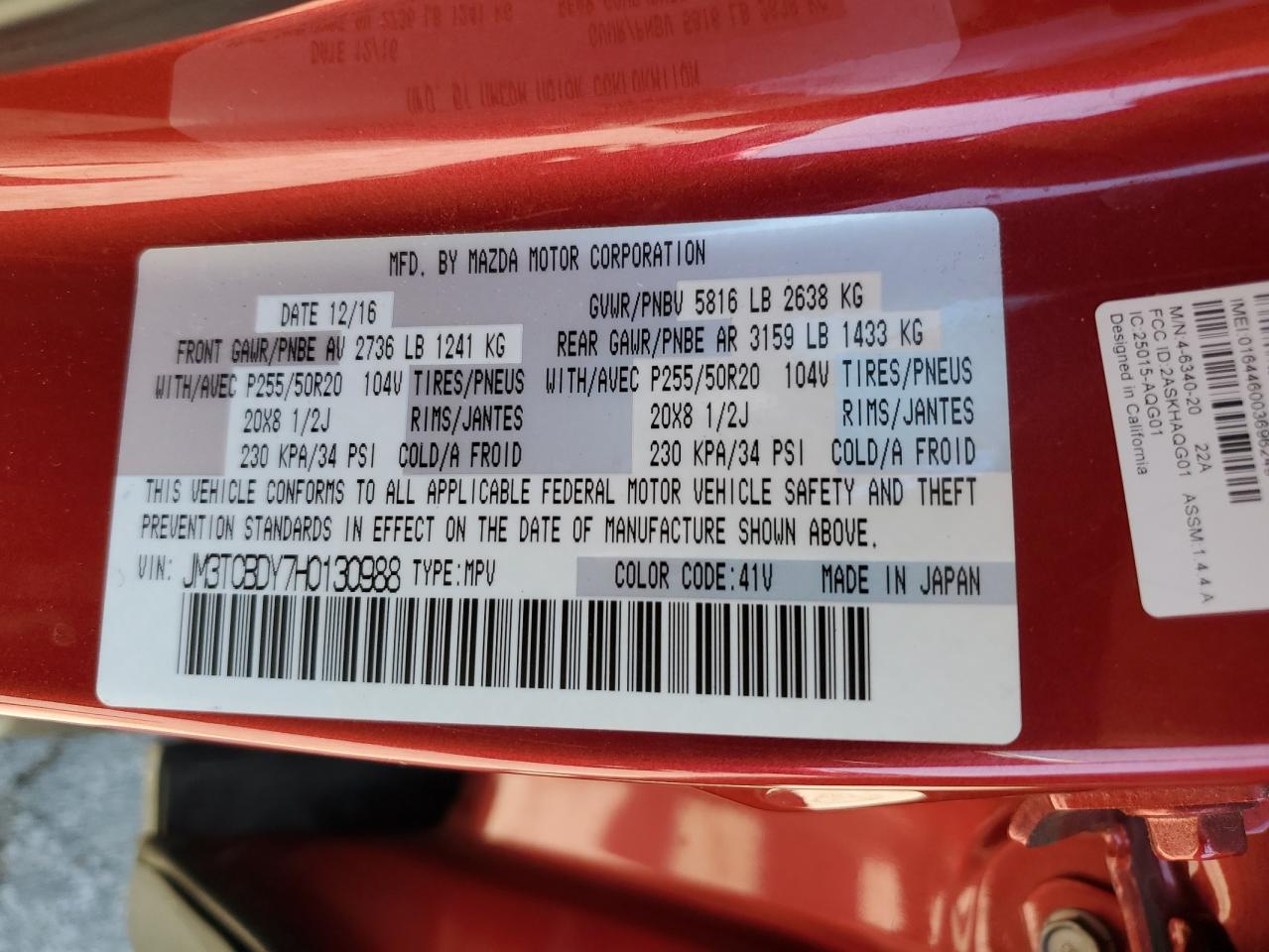 JM3TCBDY7H0130988 2017 Mazda Cx-9 Grand Touring