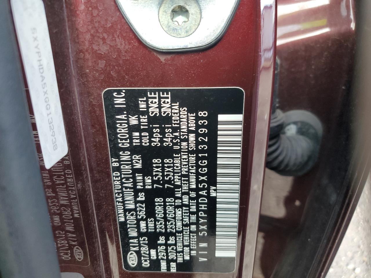 5XYPHDA5XGG132938 2016 Kia Sorento Ex