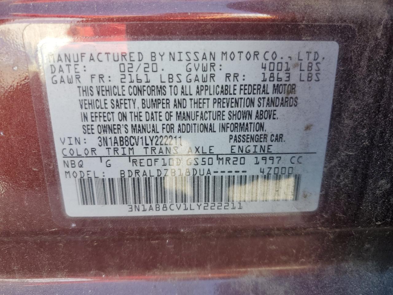 3N1AB8CV1LY222211 2020 Nissan Sentra Sv