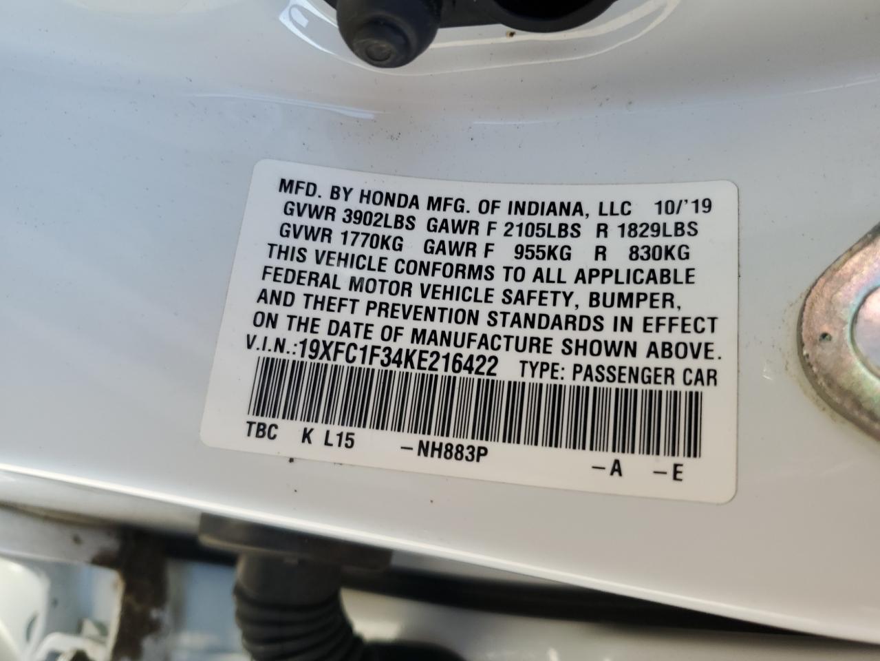19XFC1F34KE216422 2019 Honda Civic Ex