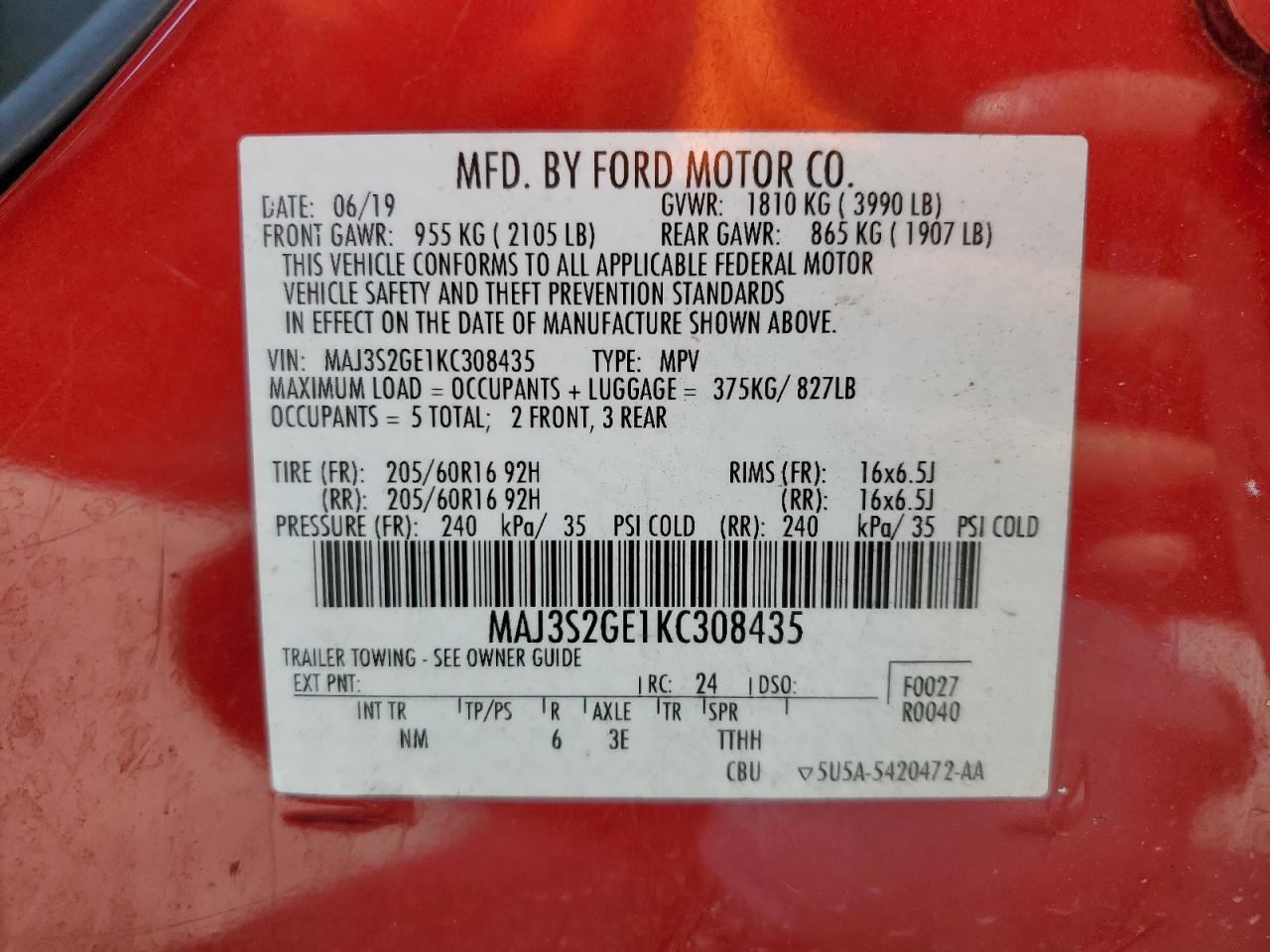 2019 Ford Ecosport Se vin: MAJ3S2GE1KC308435