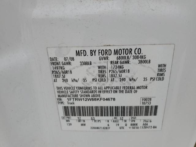 2008 Ford F150 Supercrew VIN: 1FTRW12W88KF04678 Lot: 54221354