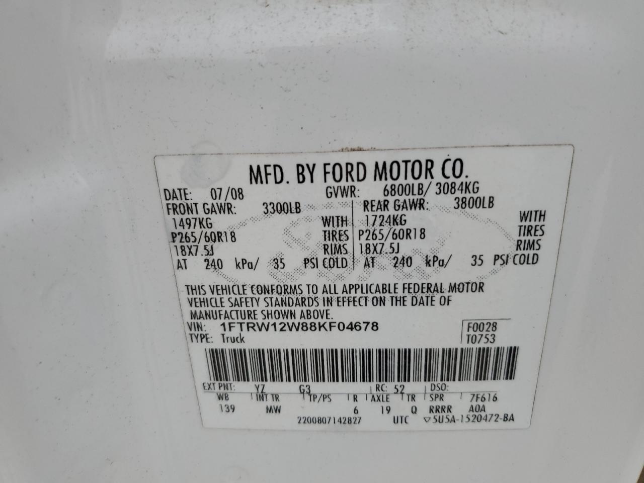 1FTRW12W88KF04678 2008 Ford F150 Supercrew