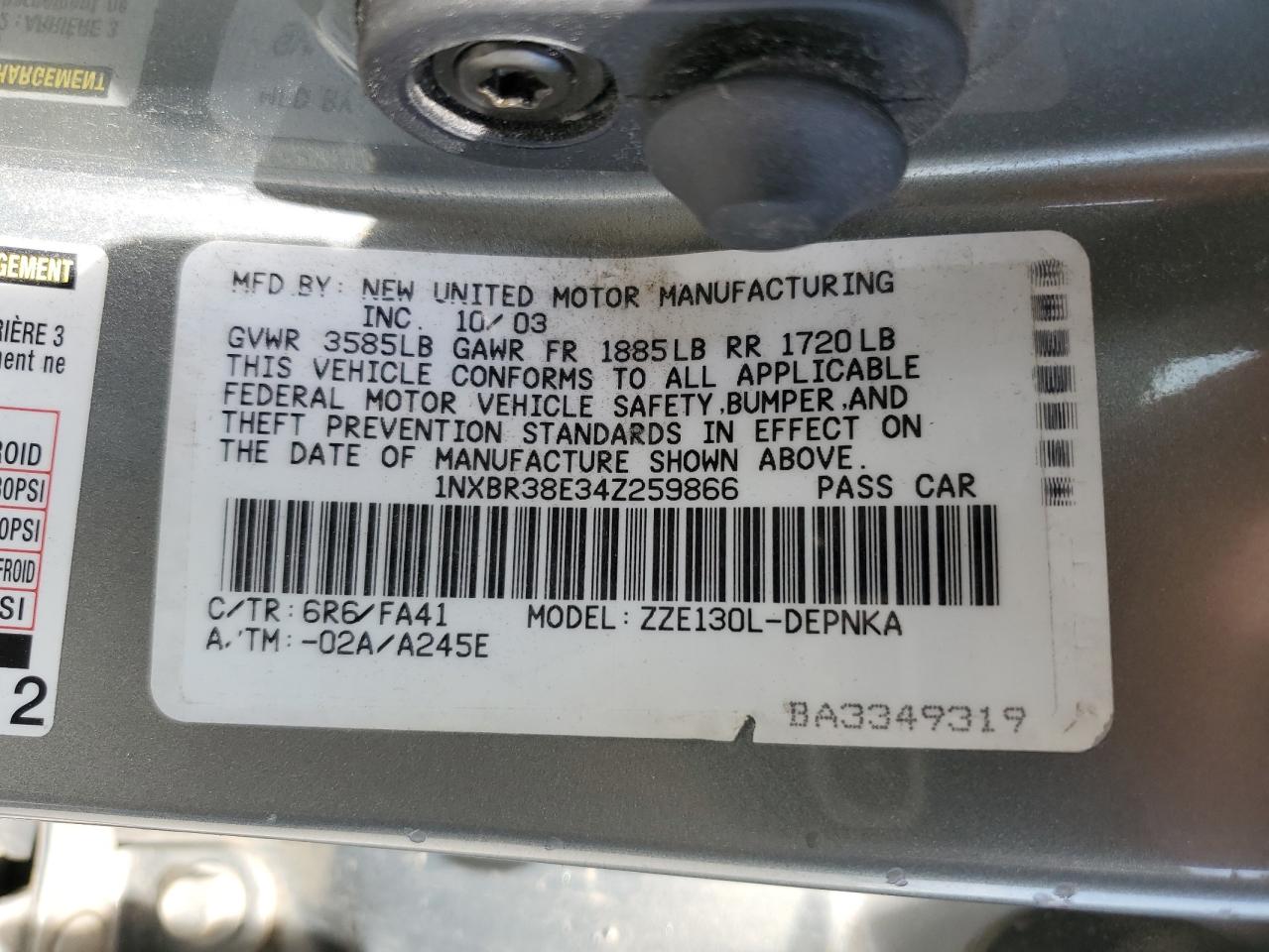 1NXBR38E34Z259866 2004 Toyota Corolla Ce