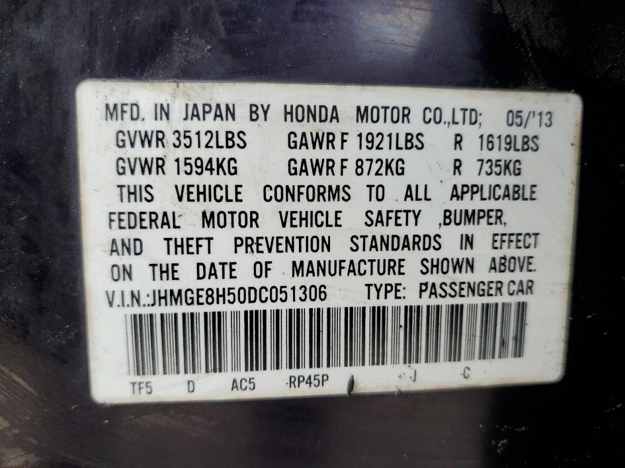 JHMGE8H50DC051306 2013 Honda Fit Sport