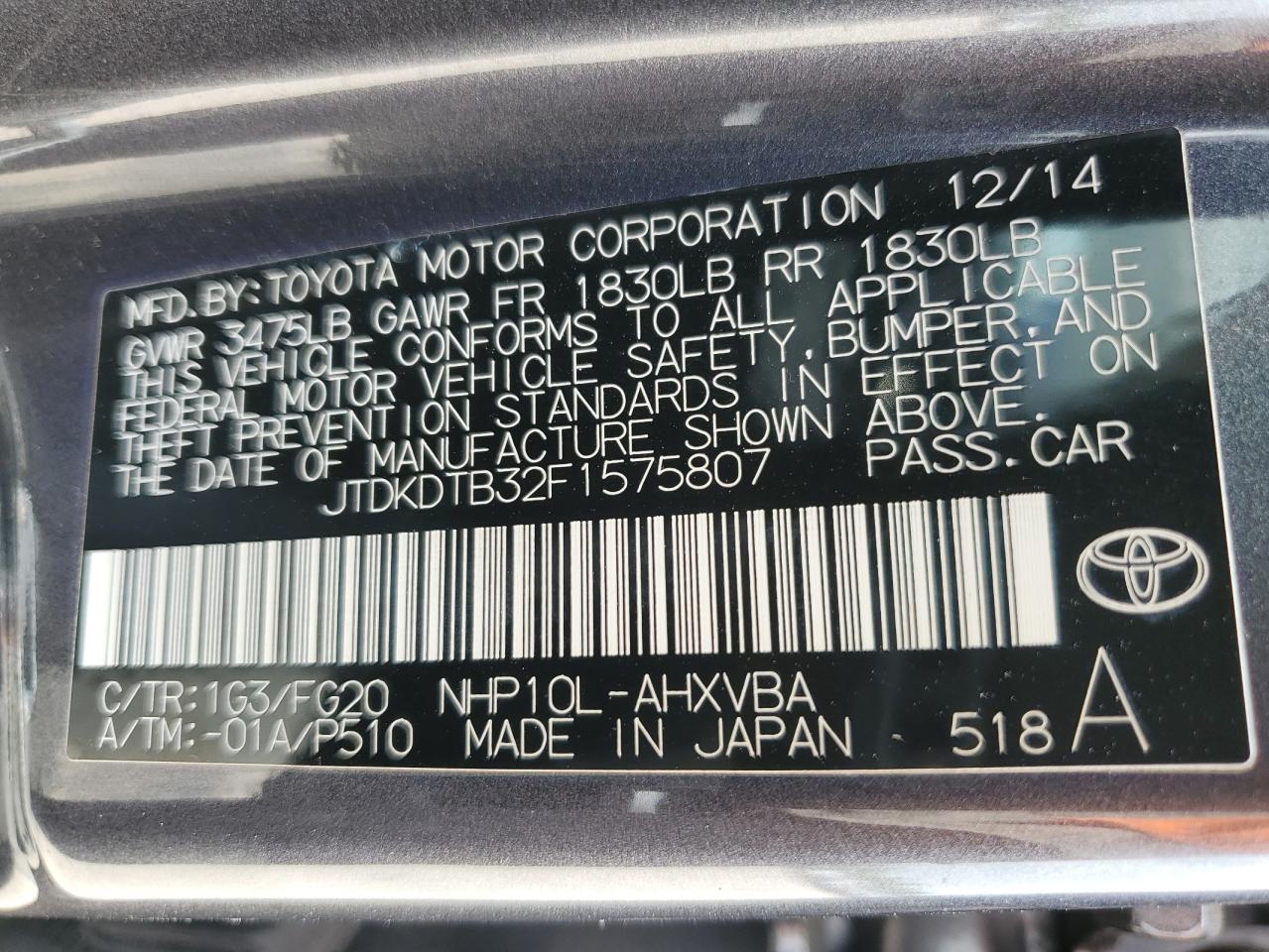 JTDKDTB32F1575807 2015 Toyota Prius C