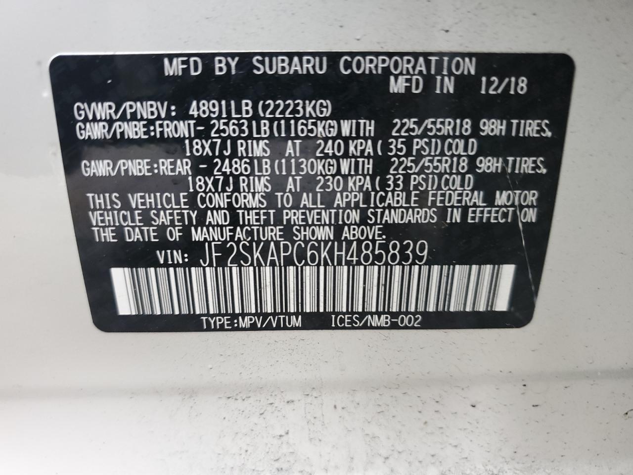 JF2SKAPC6KH485839 2019 Subaru Forester Sport