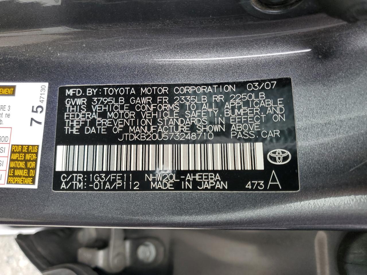 JTDKB20U573248710 2007 Toyota Prius