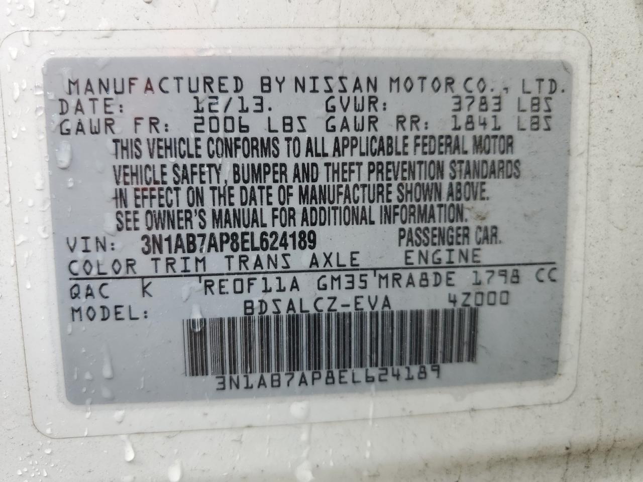 3N1AB7AP8EL624189 2014 Nissan Sentra S