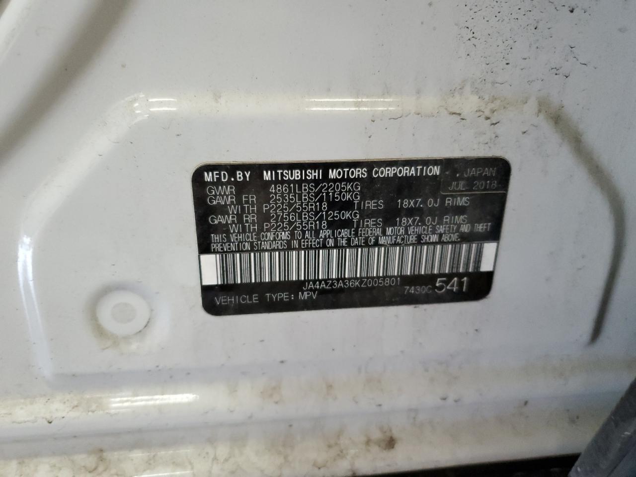 JA4AZ3A36KZ005801 2019 Mitsubishi Outlander Se