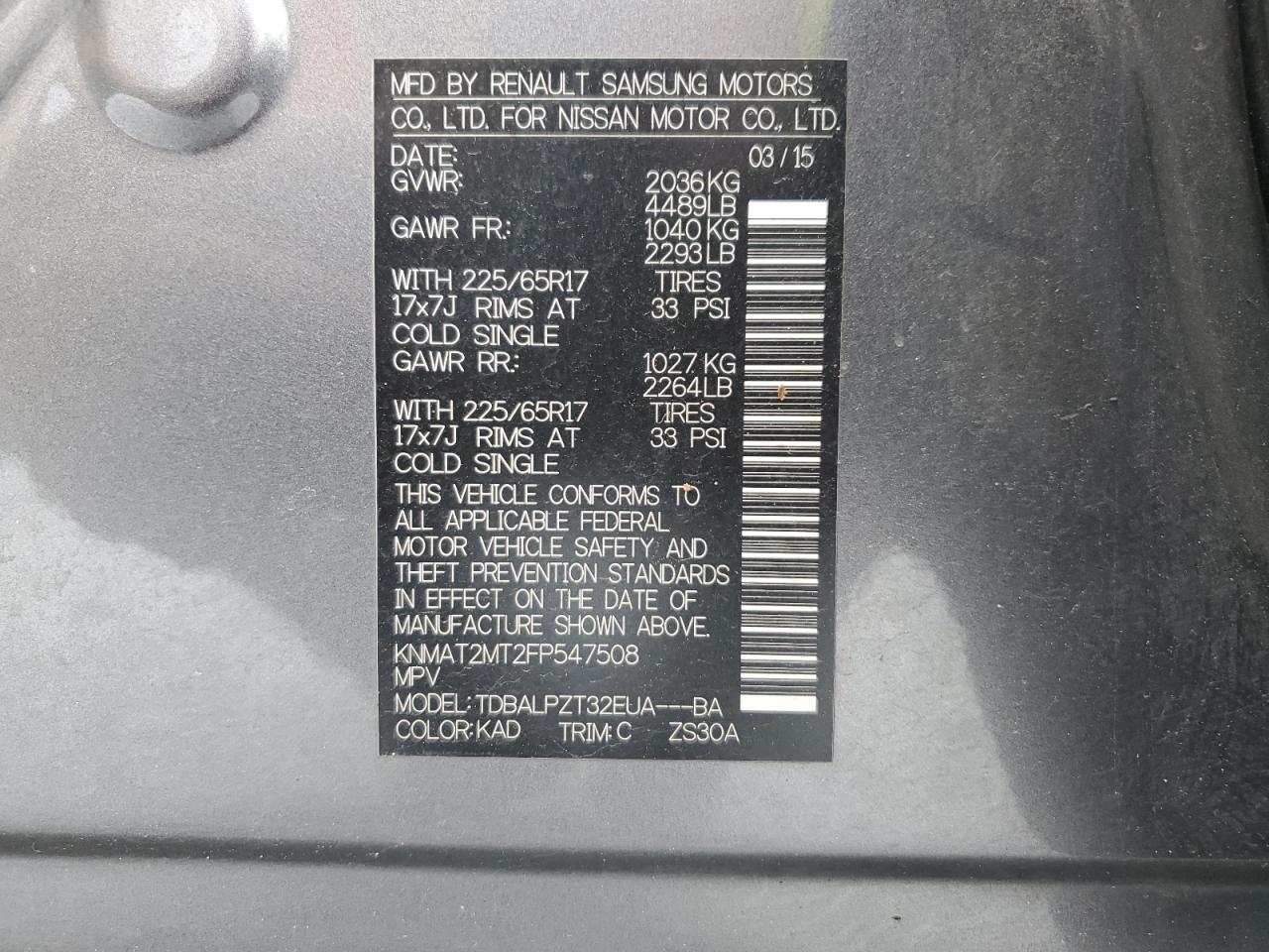 KNMAT2MT2FP547508 2015 Nissan Rogue S