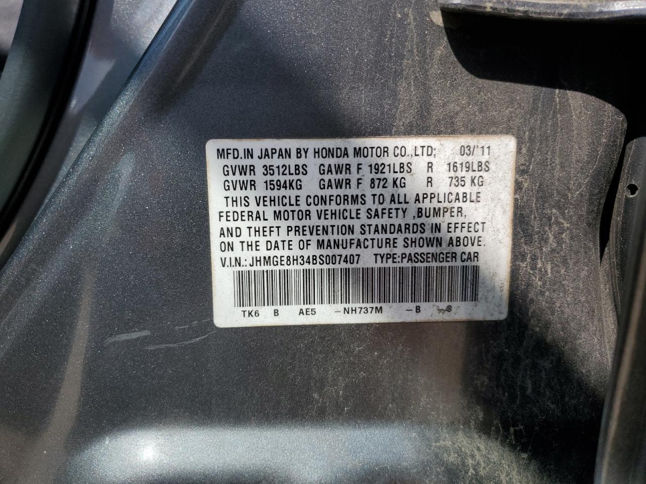 JHMGE8H34BS007407 2011 Honda Fit