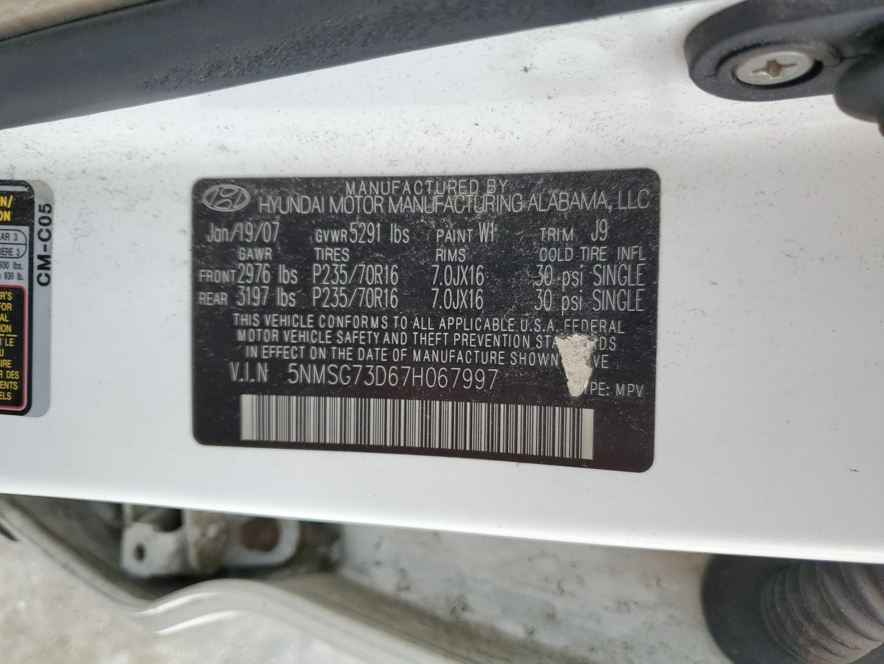 5NMSG73D67H067997 2007 Hyundai Santa Fe Gls