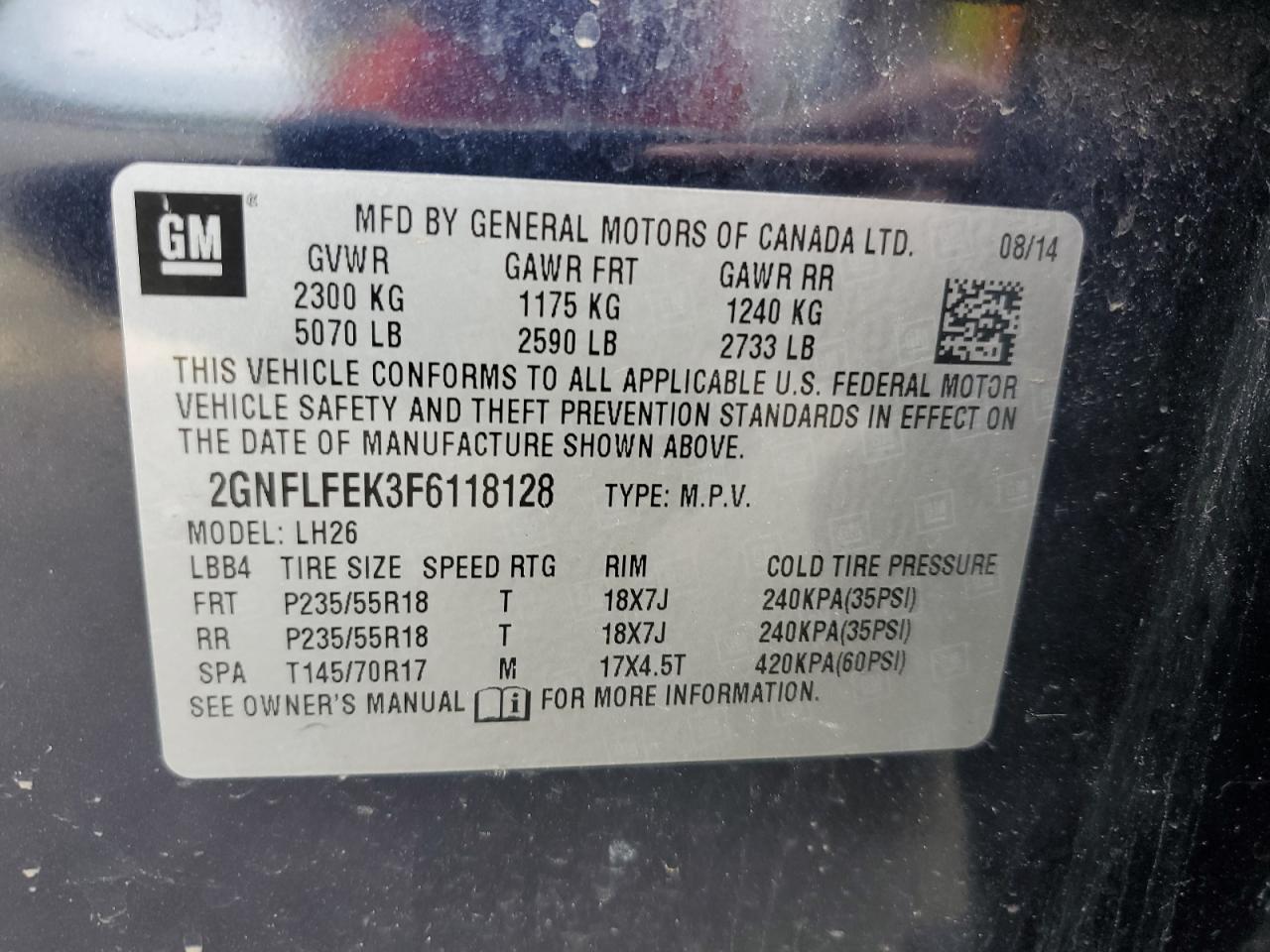 2GNFLFEK3F6118128 2015 Chevrolet Equinox Lt