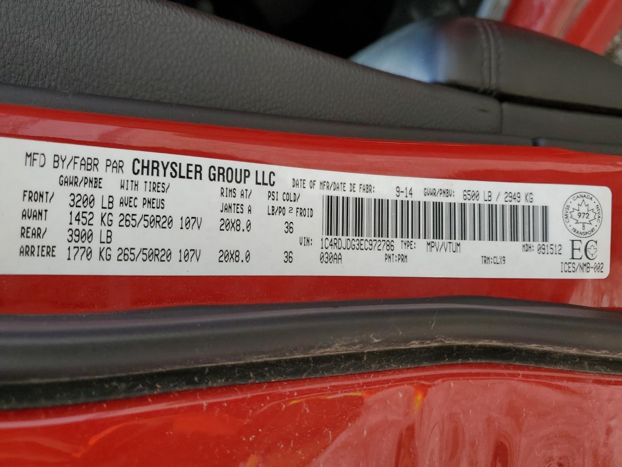 1C4RDJDG3EC972786 2014 Dodge Durango Limited