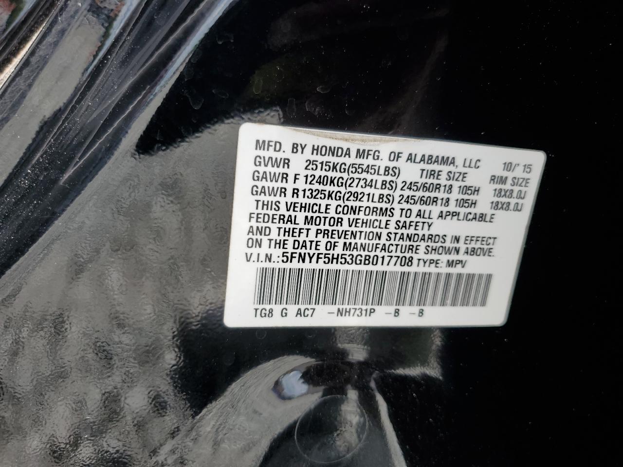 5FNYF5H53GB017708 2016 Honda Pilot Exl