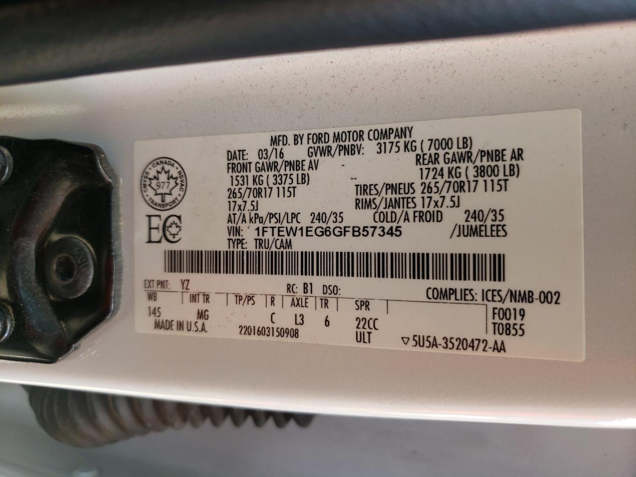 1FTEW1EG6GFB57345 2016 Ford F150 Supercrew