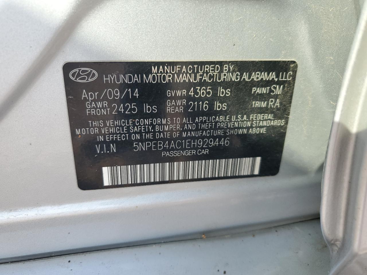 5NPEB4AC1EH929446 2014 Hyundai Sonata Gls