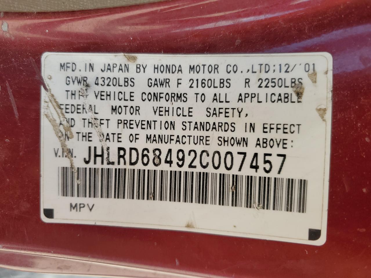 JHLRD68492C007457 2002 Honda Cr-V Lx