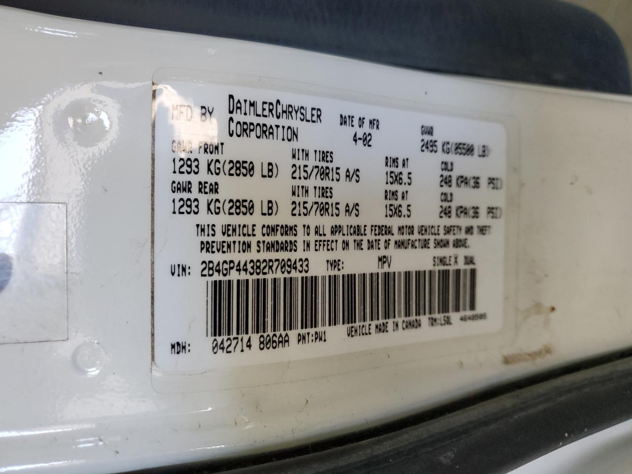 2B4GP44382R709433 2002 Dodge Grand Caravan Sport