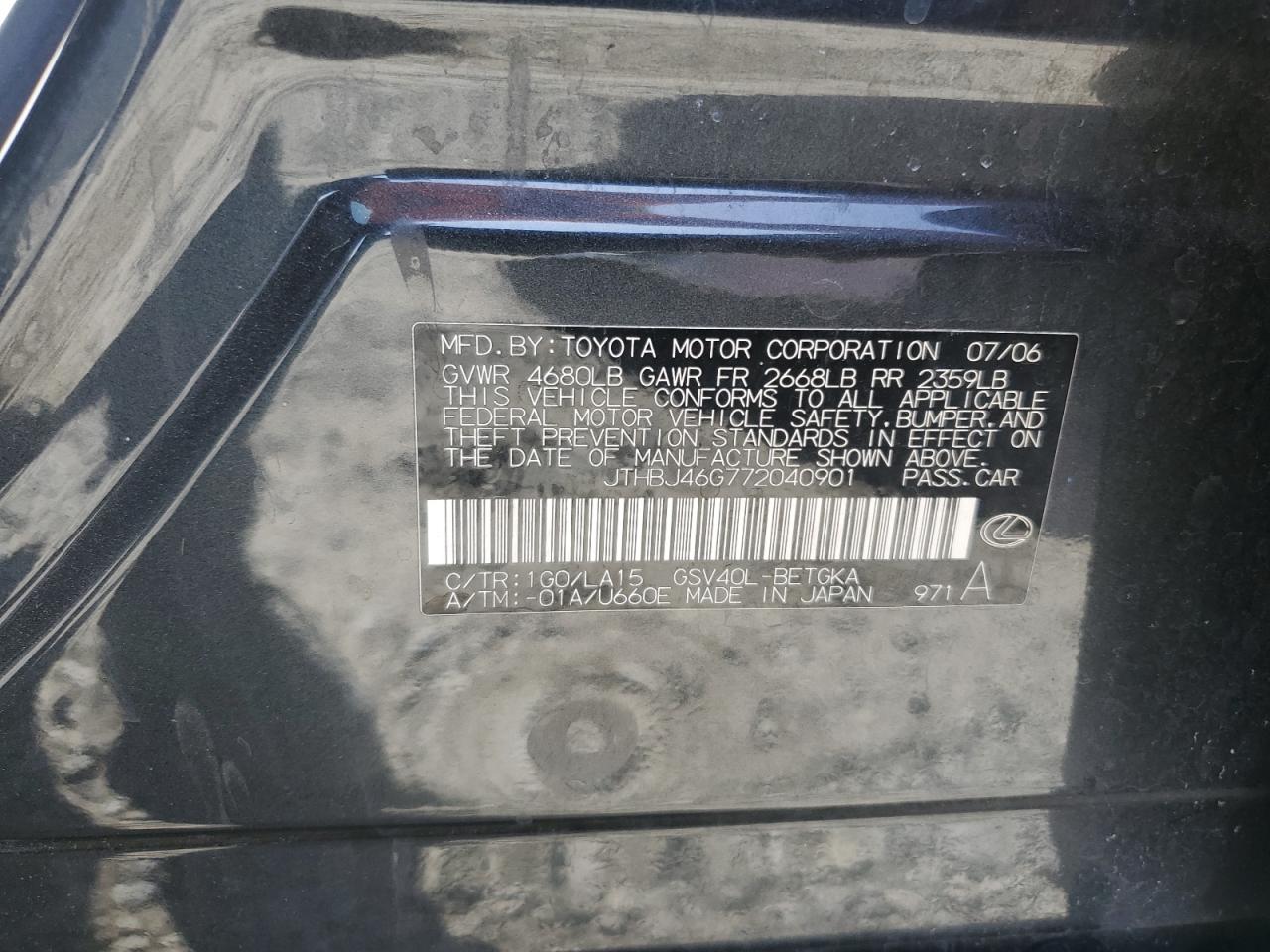 JTHBJ46G772040901 2007 Lexus Es 350