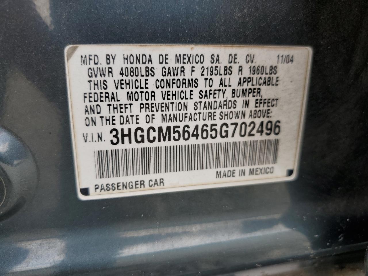 3HGCM56465G702496 2005 Honda Accord Lx