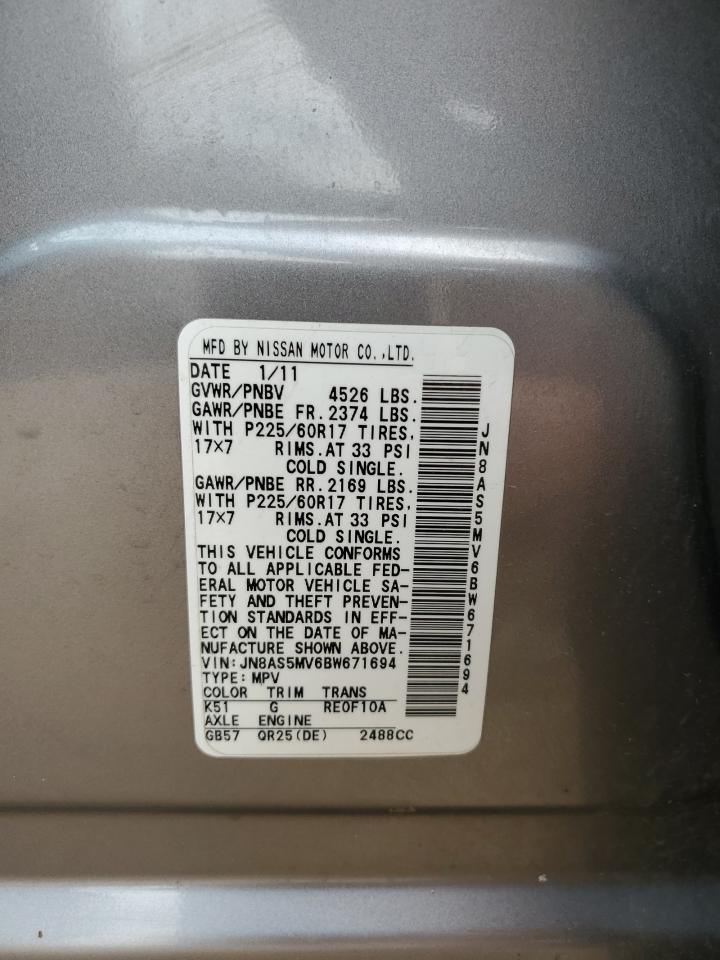 JN8AS5MV6BW671694 2011 Nissan Rogue S