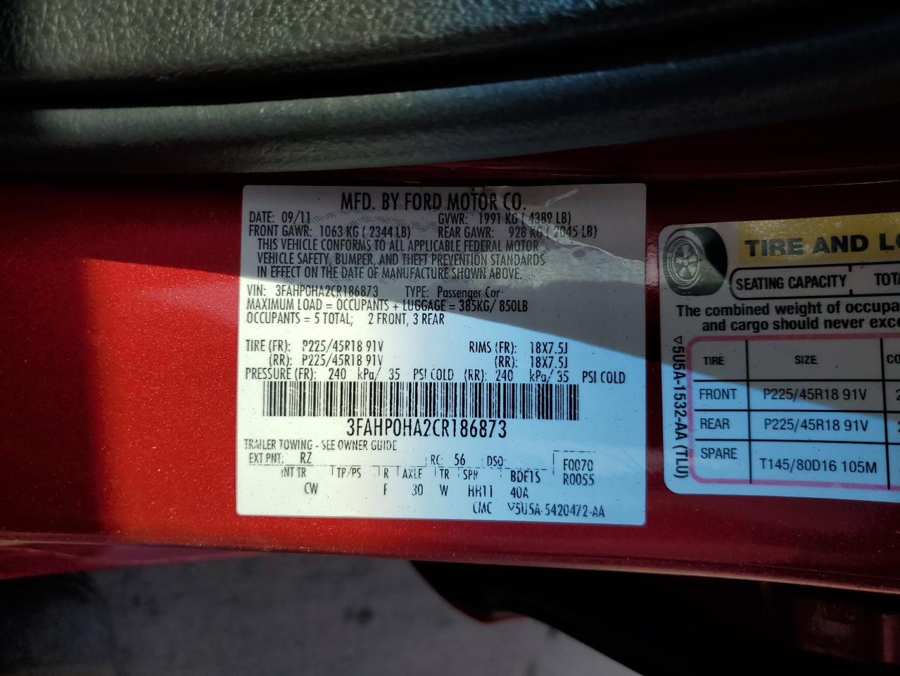 3FAHP0HA2CR186873 2012 Ford Fusion Se