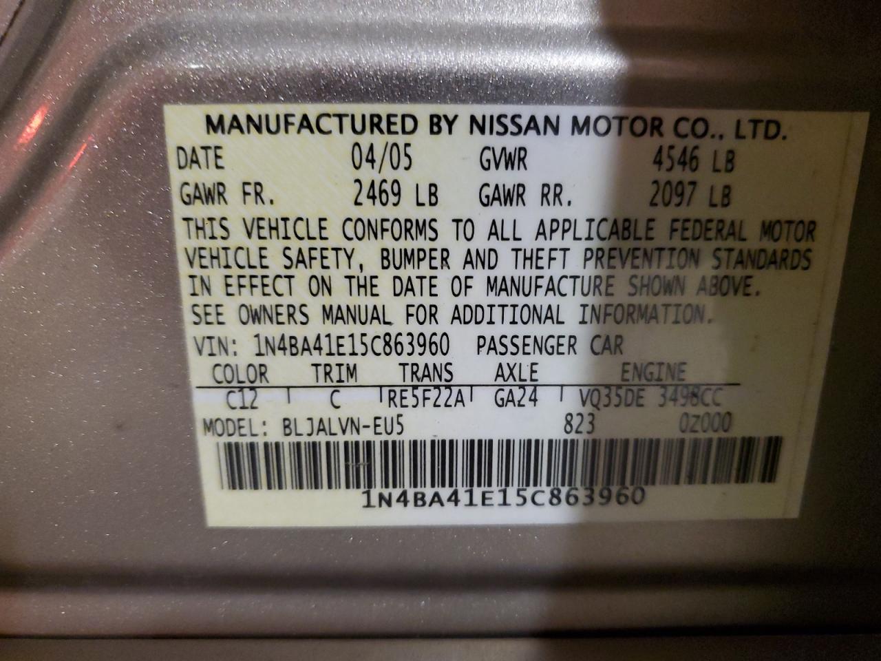 1N4BA41E15C863960 2005 Nissan Maxima Se