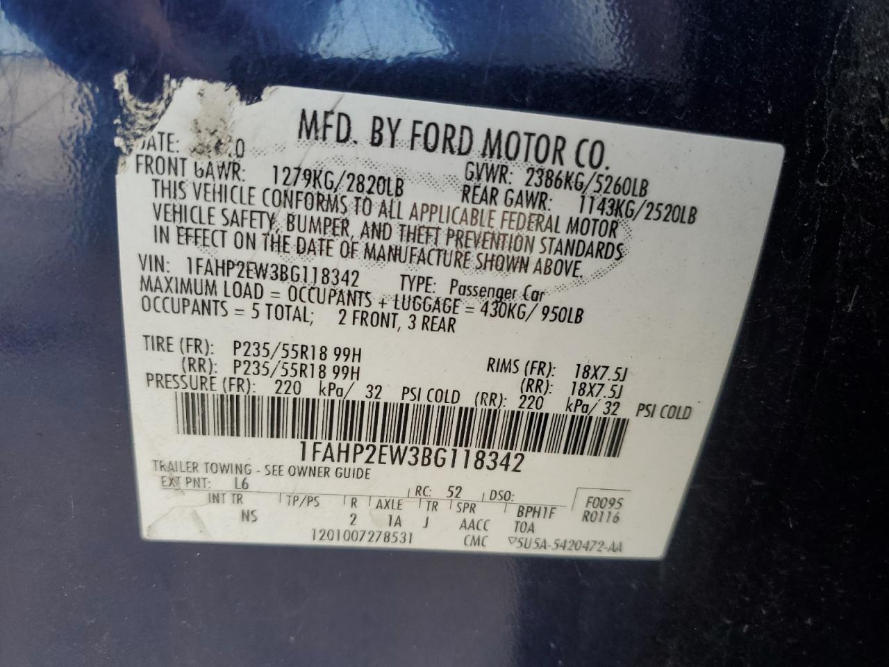 1FAHP2EW3BG118342 2011 Ford Taurus Sel