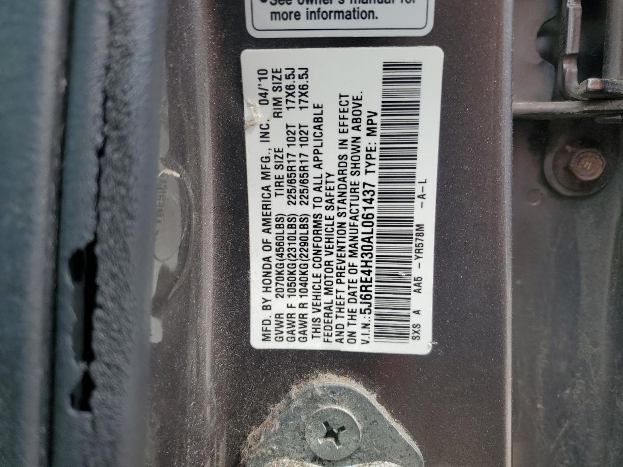 5J6RE4H30AL061437 2010 Honda Cr-V Lx