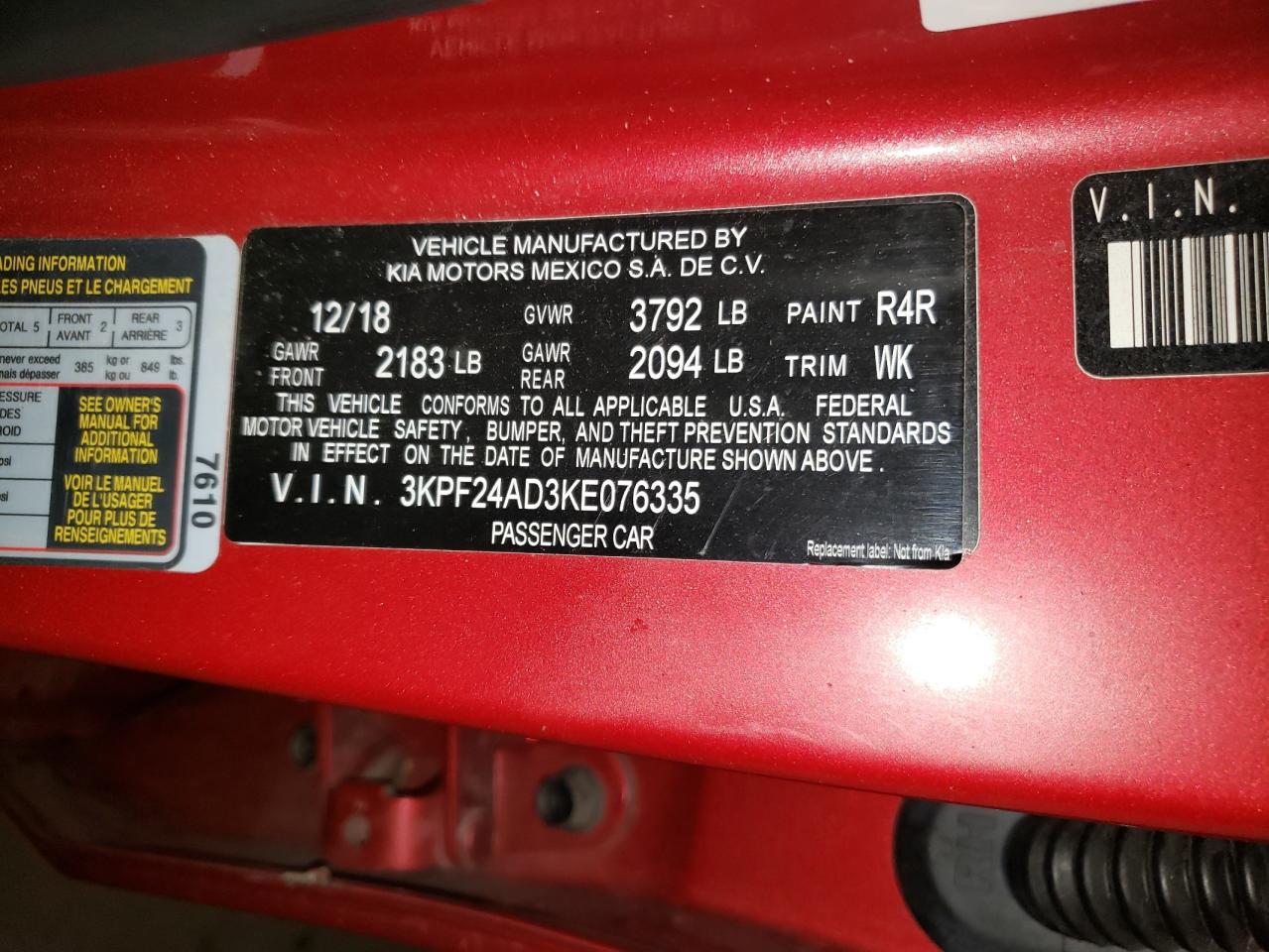 3KPF24AD3KE076335 2019 Kia Forte Fe