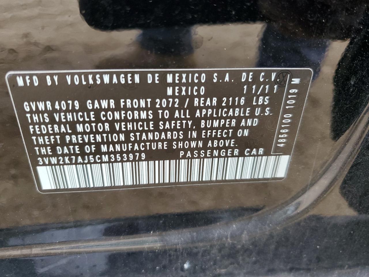 3VW2K7AJ5CM353979 2012 Volkswagen Jetta Base