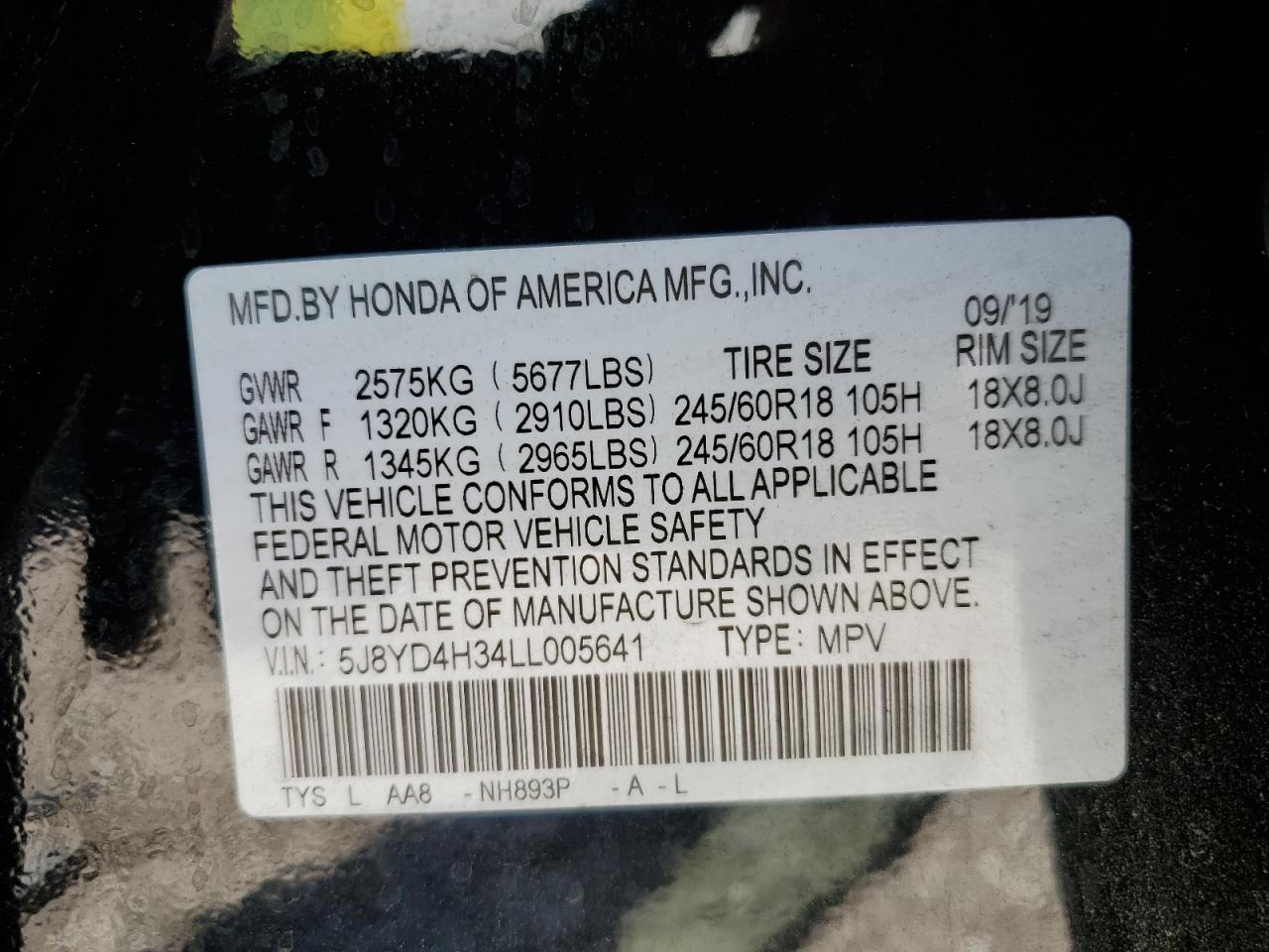 5J8YD4H34LL005641 2020 Acura Mdx