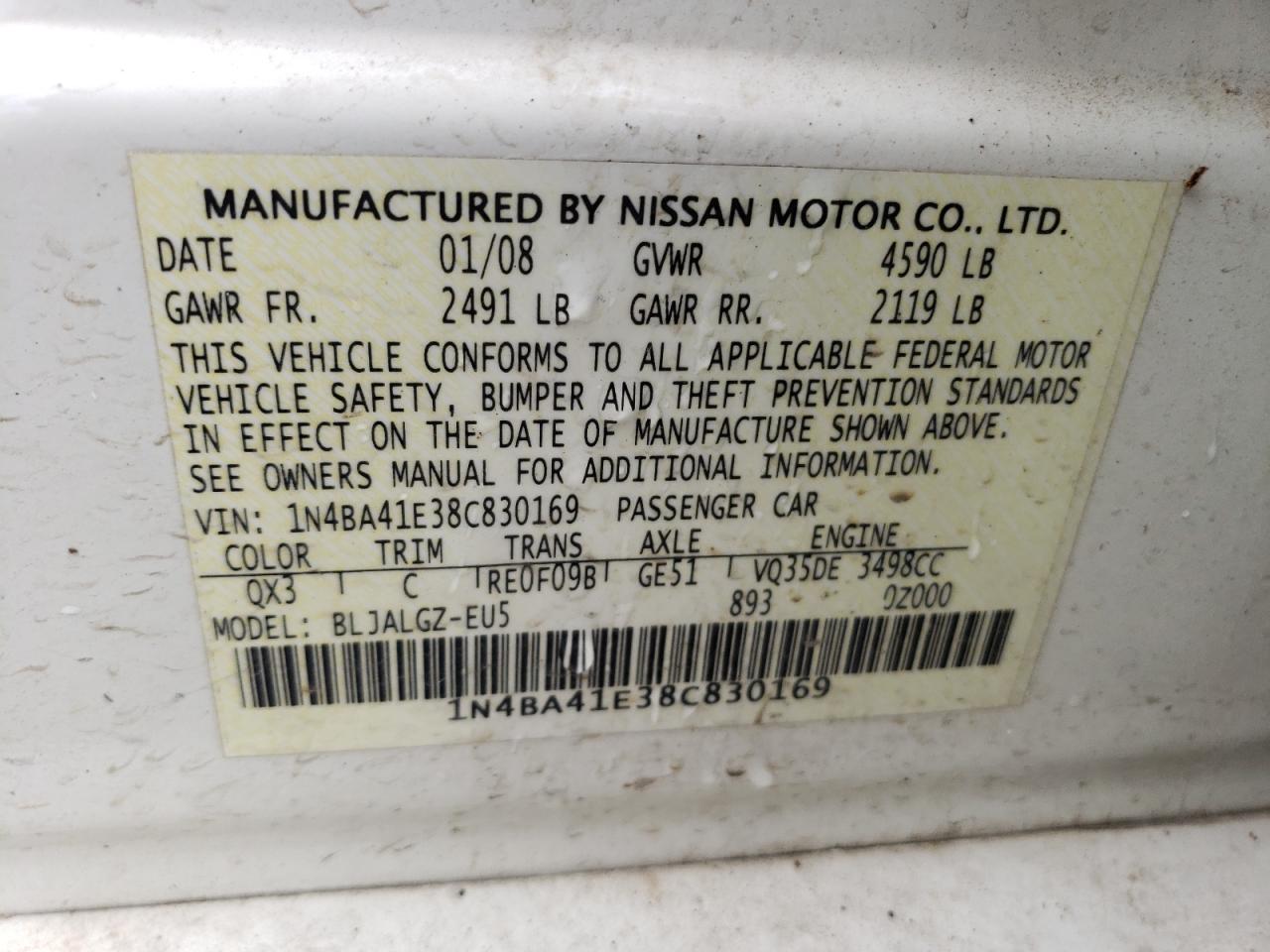 1N4BA41E38C830169 2008 Nissan Maxima Se