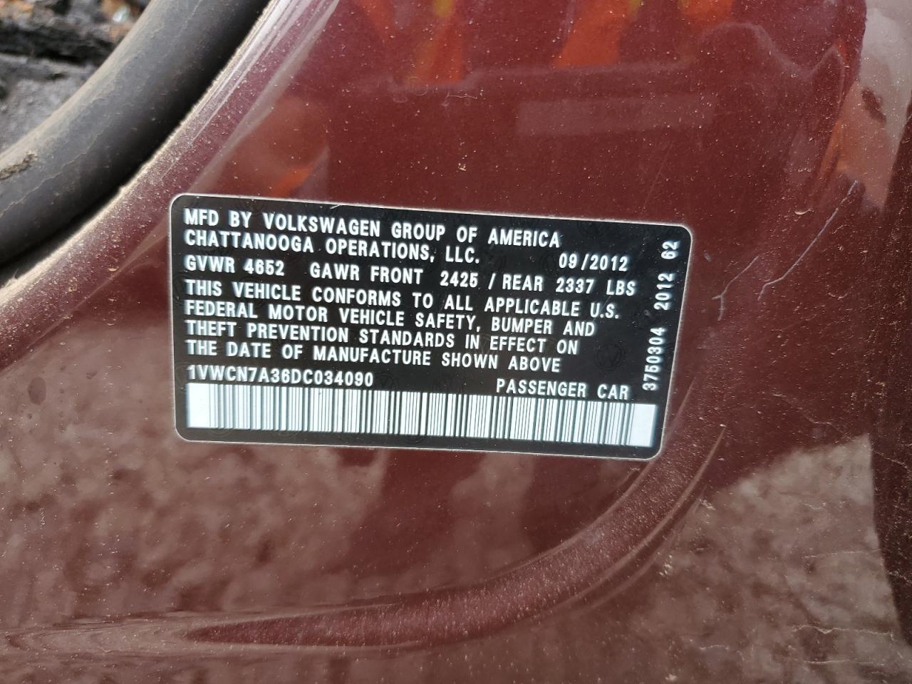 1VWCN7A36DC034090 2013 Volkswagen Passat Sel